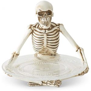 10" Resin Sitting Skeleton Holding Glass Plate Decoration