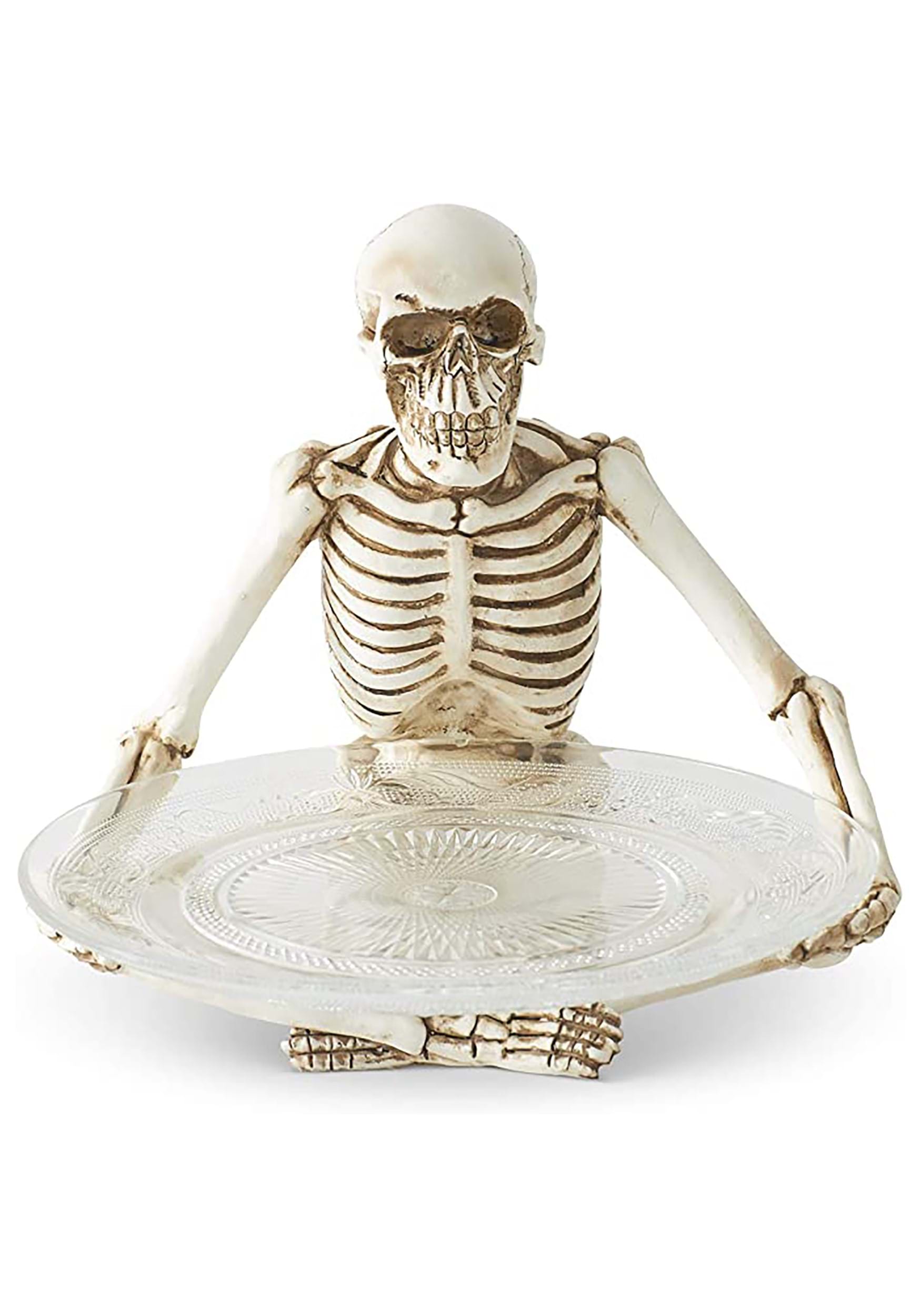 10″ Resin Sitting Skeleton Holding Glass Plate Decoration