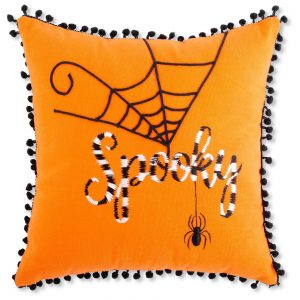 12" Orange Halloween Pillow with Black and White Embroidery