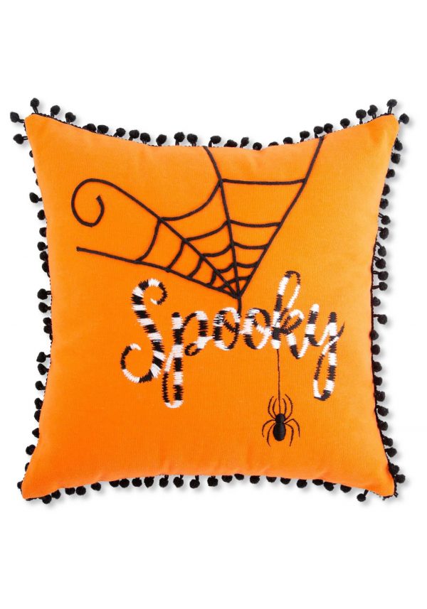 12" Orange Halloween Pillow with Black and White Embroidery
