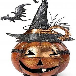 13" Metal Jack O Lantern with Witch Hat and Bat Prop