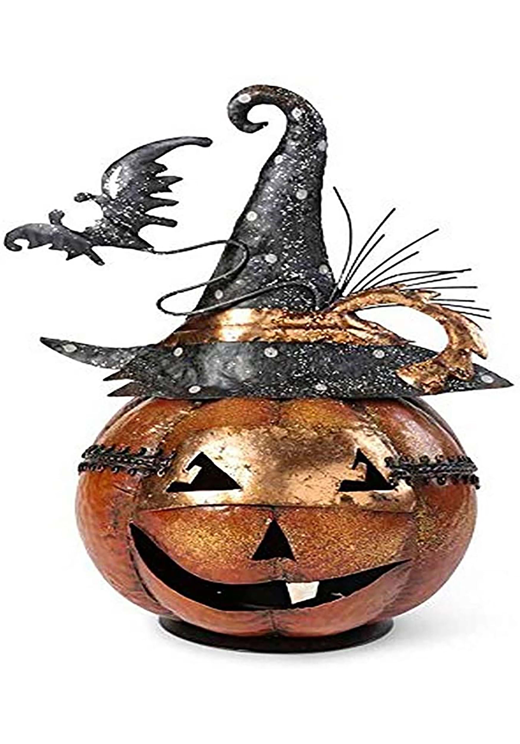13″ Metal Jack O Lantern with Witch Hat and Bat Prop