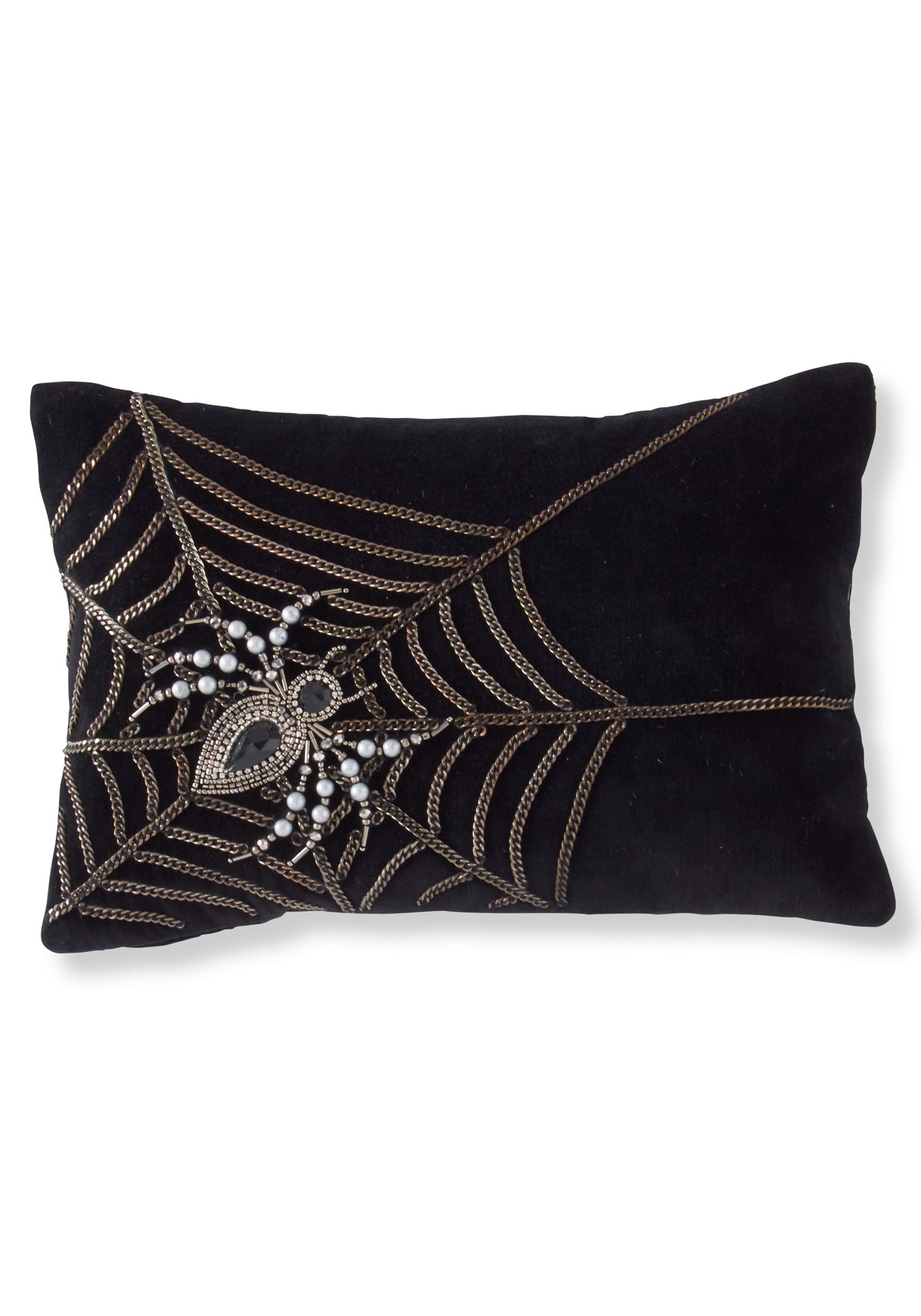 14 Inch Black Velvet Pillow with Chain Web & Beaded Spider
