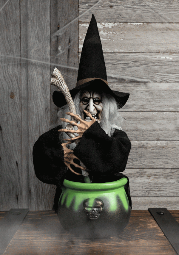 17" Black Brewing Witch with Cauldron