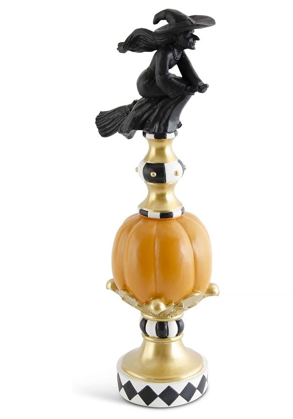 17" Resin Black White Orange and Gold Finial with Witch Prop