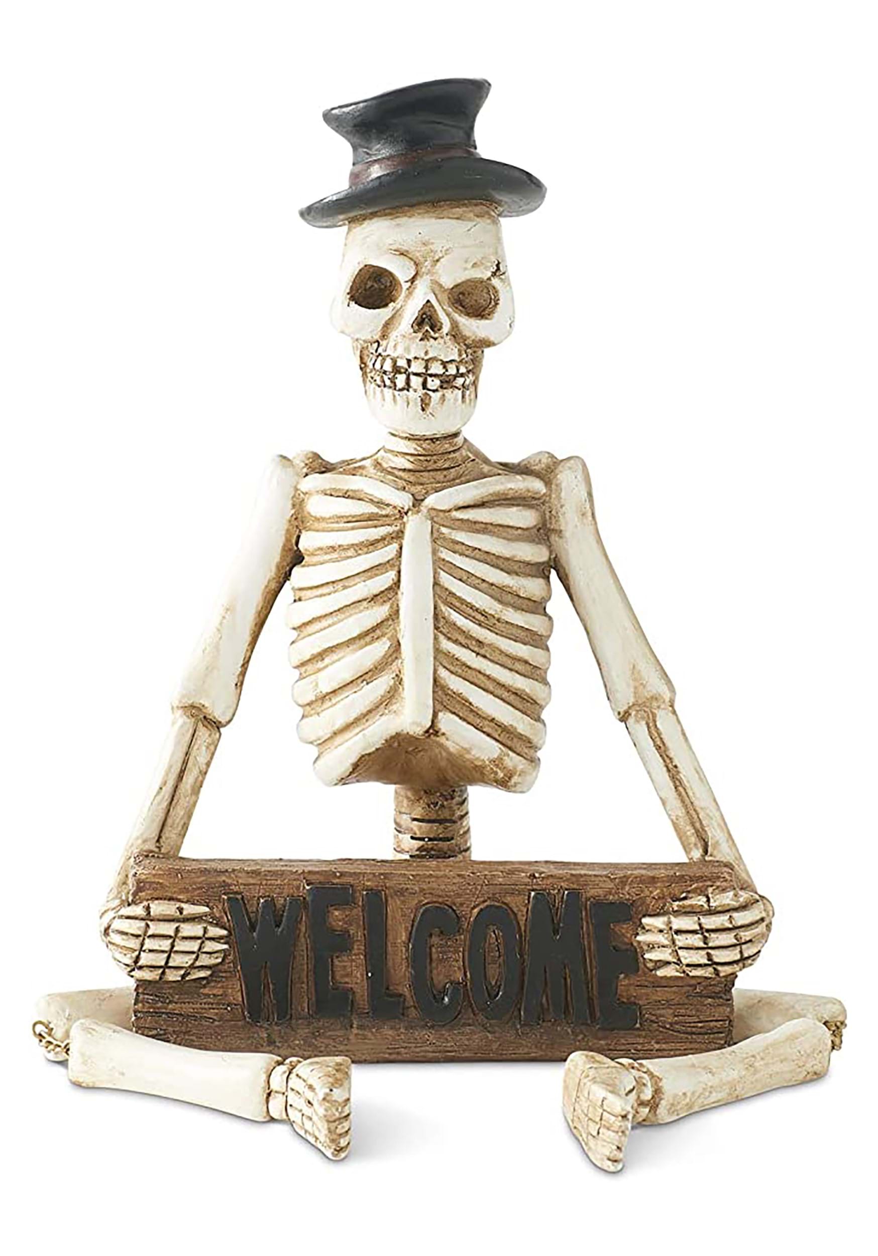 17″ Resin Skeleton Man Shelf Sitter with Welcome Sign Prop