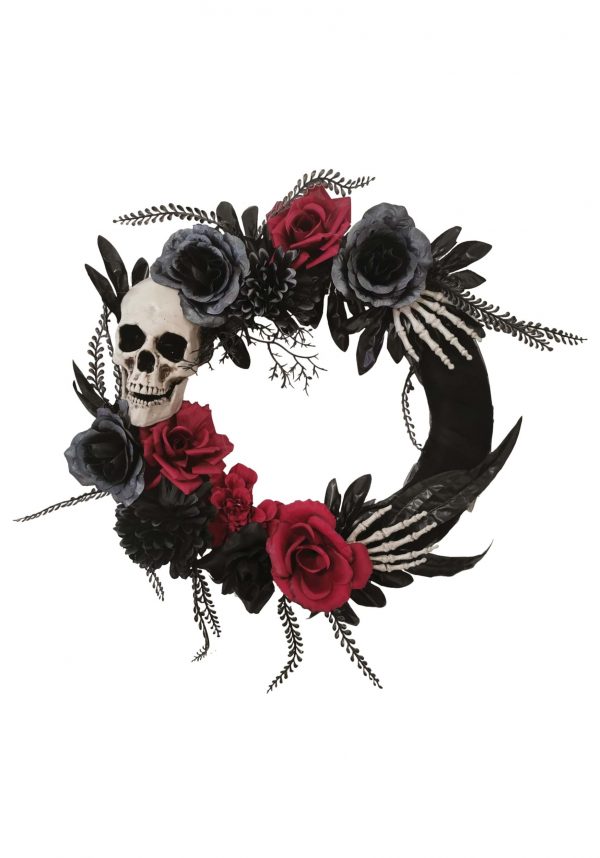18" Black Skull Wreath with Hands and Roses