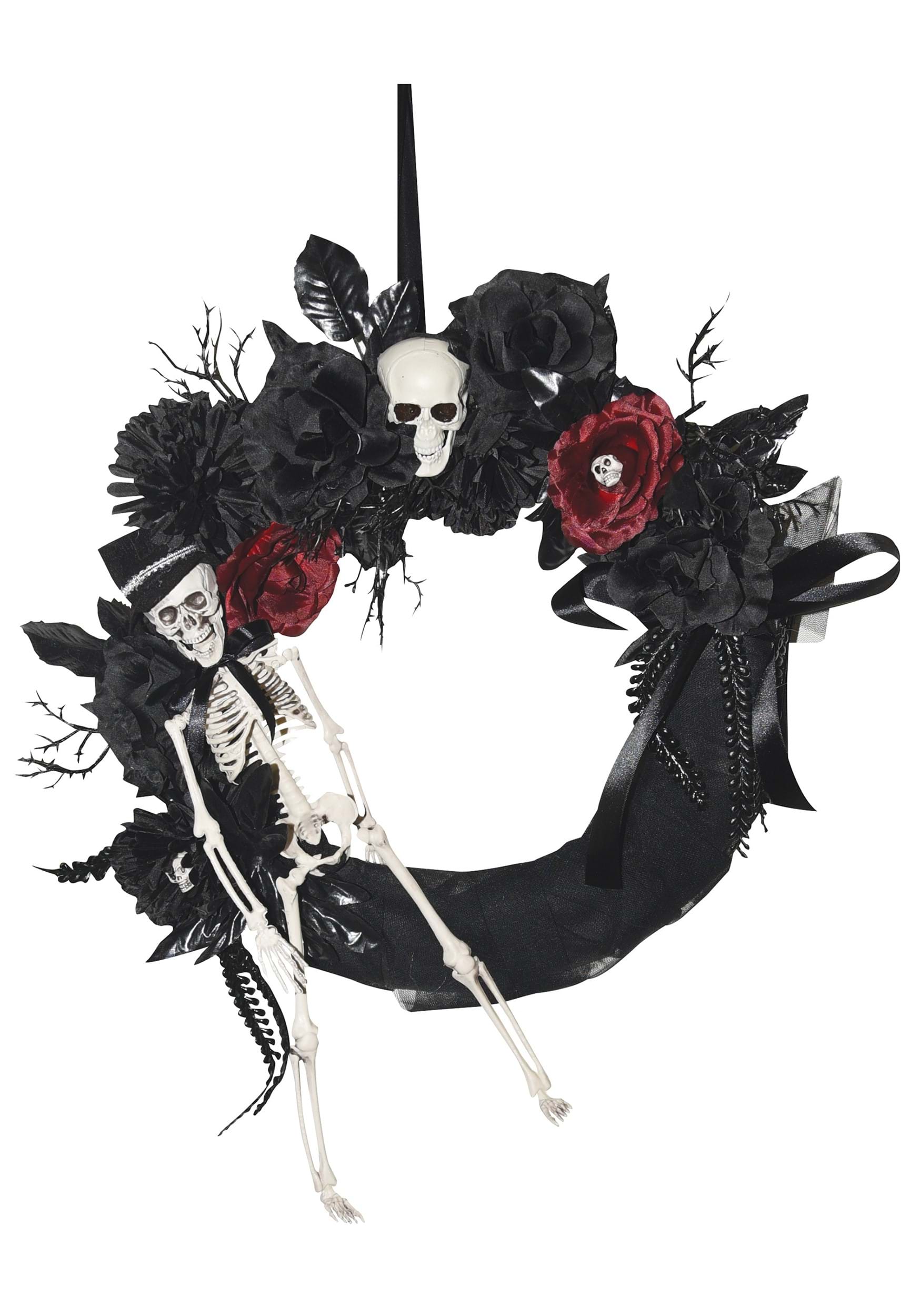 18″ Black Wreath with Skeleton and Flowers