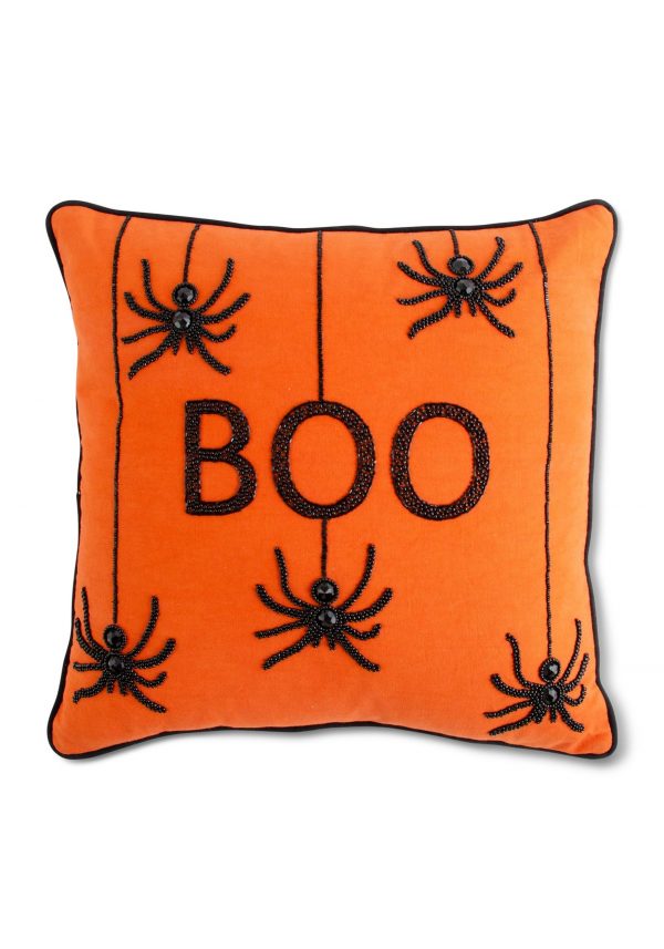 18 Inch Orange Square Beaded BOO Spiders Decorative Pillow