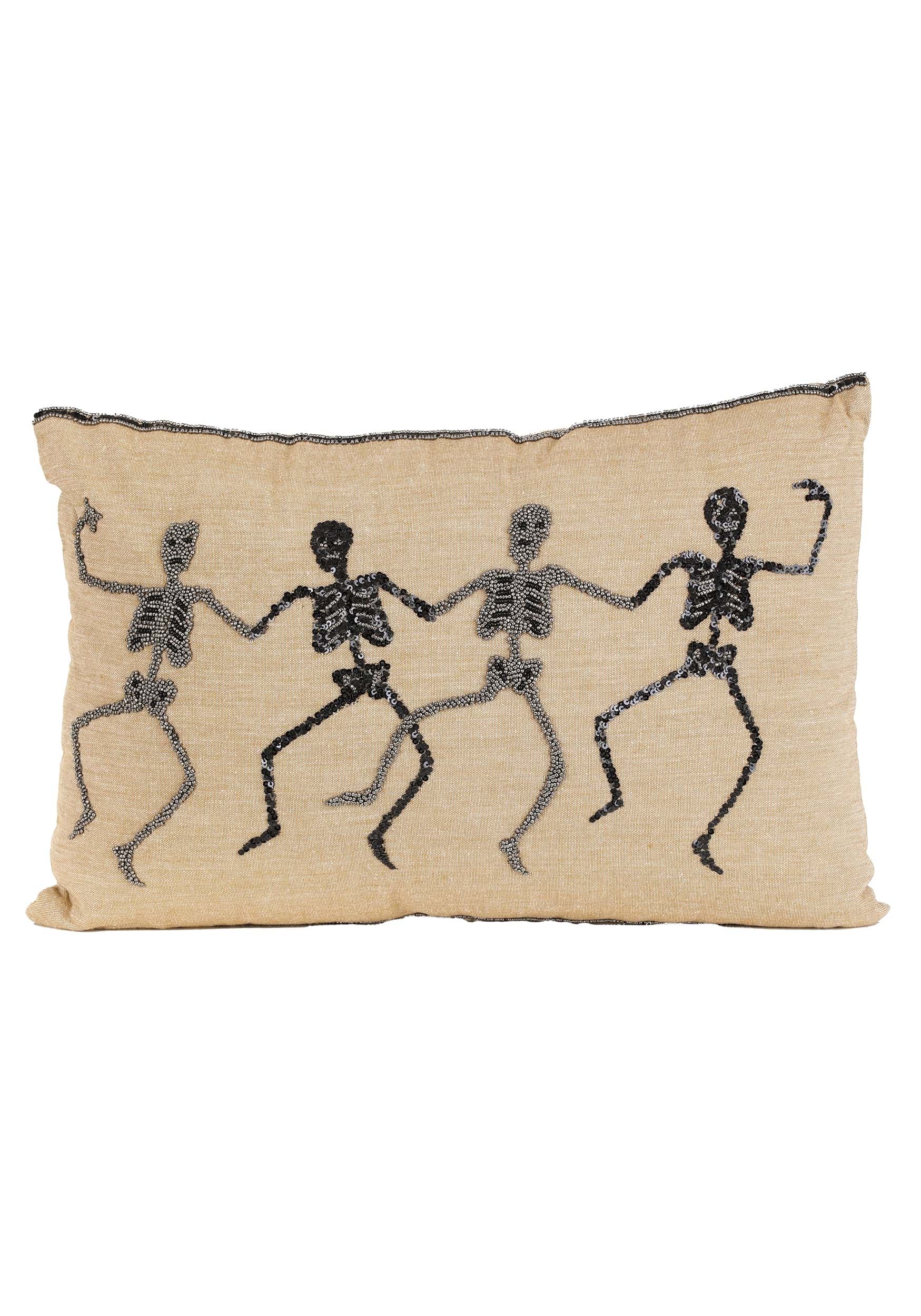 18″ Tan Rectangle Decorative Pillow with Beaded Skeletons