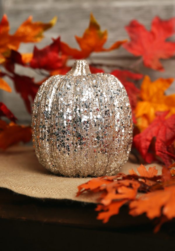 5 Inch Skinny Champagne Glitter Pumpkin Halloween Decoration