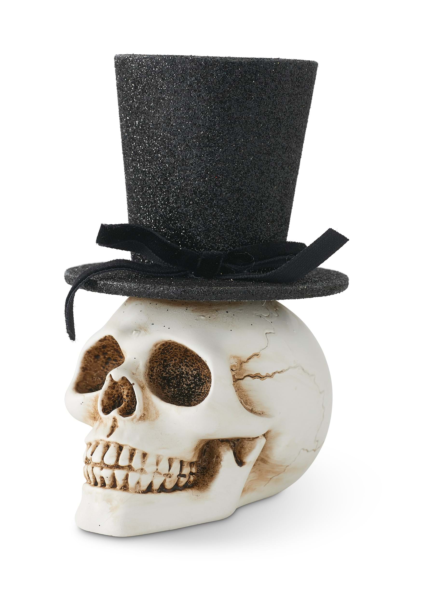 5″ Resin Skull with Glittery Black Top Hat Prop
