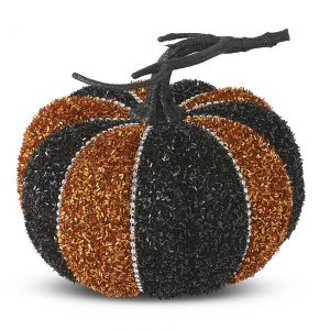 6" Black & Orange Tinsel Pumpkin Decoration
