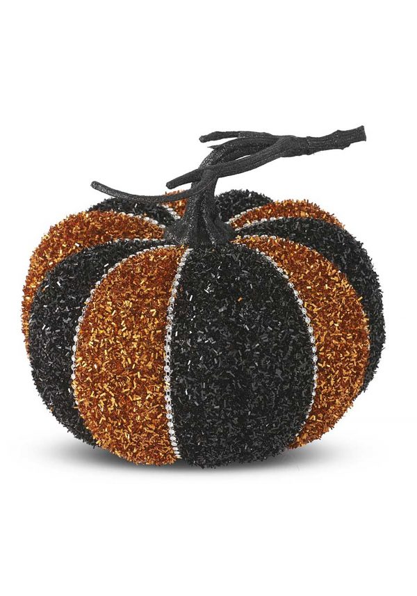 6" Black & Orange Tinsel Pumpkin Decoration