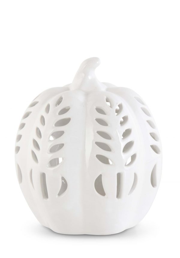 6.75" White Ceramic LED Cutout Pumpkin Decoration
