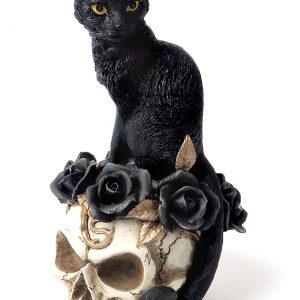 7 Inch Black Cat on Skull Decoration