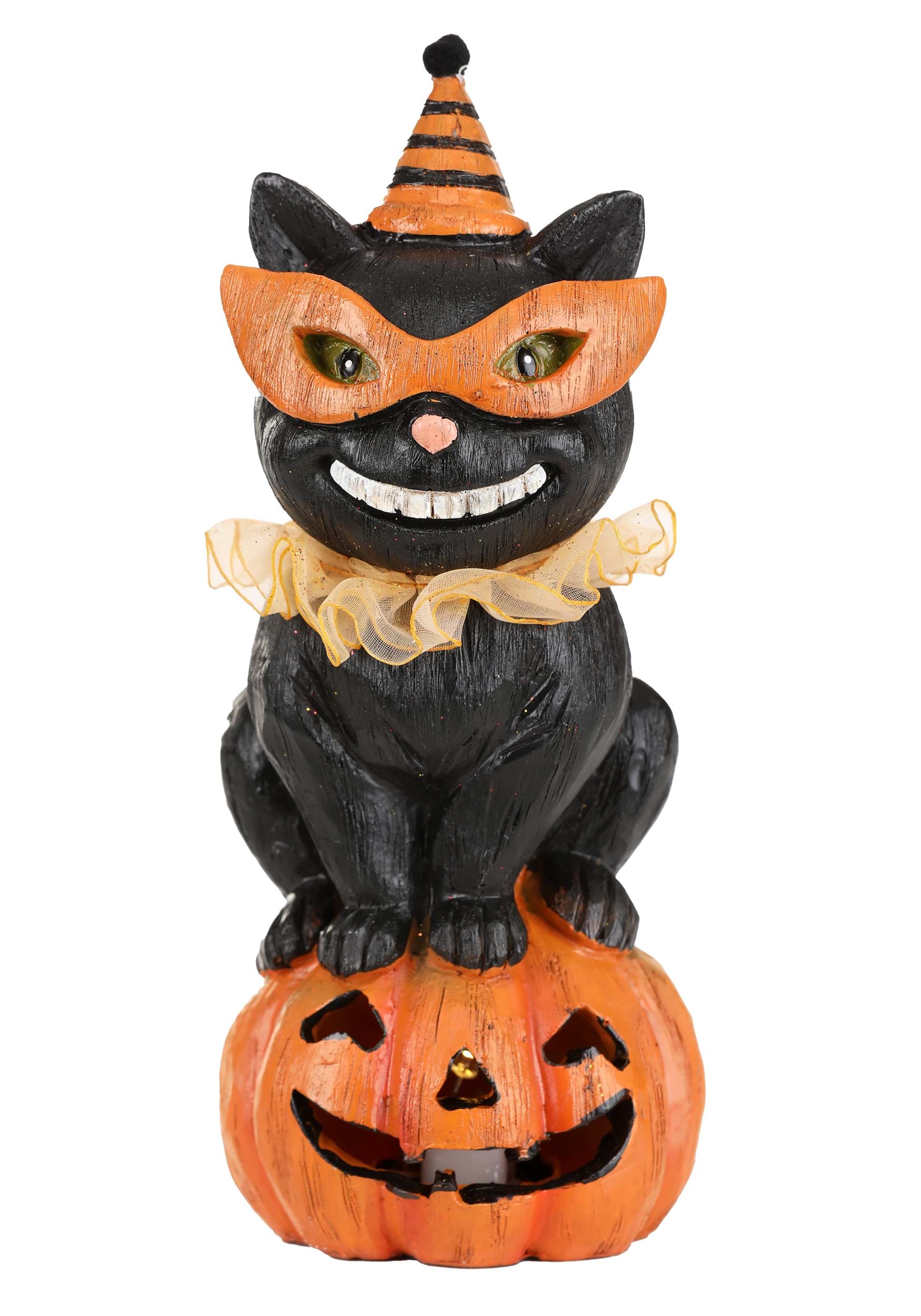 8 Inch Black Cat with Party Hat on LED Pumpkin Decoration