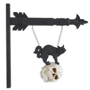 8 Inch Black Resin Cat on LED Skull Figure