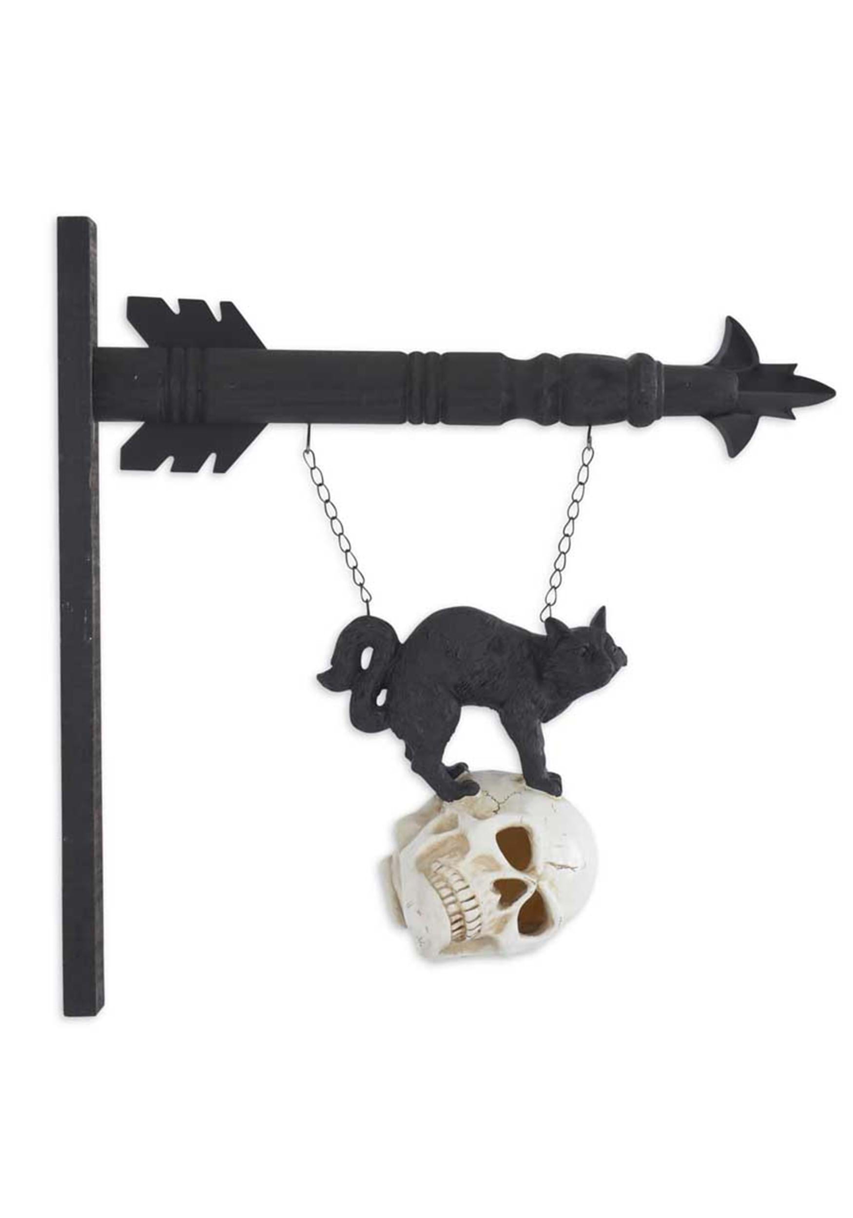 8 Inch Black Resin Cat on LED Skull Figure