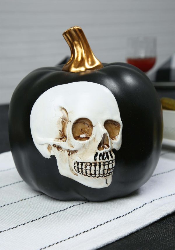8.5" Black Pumpkin with Embossed Skull Decoration