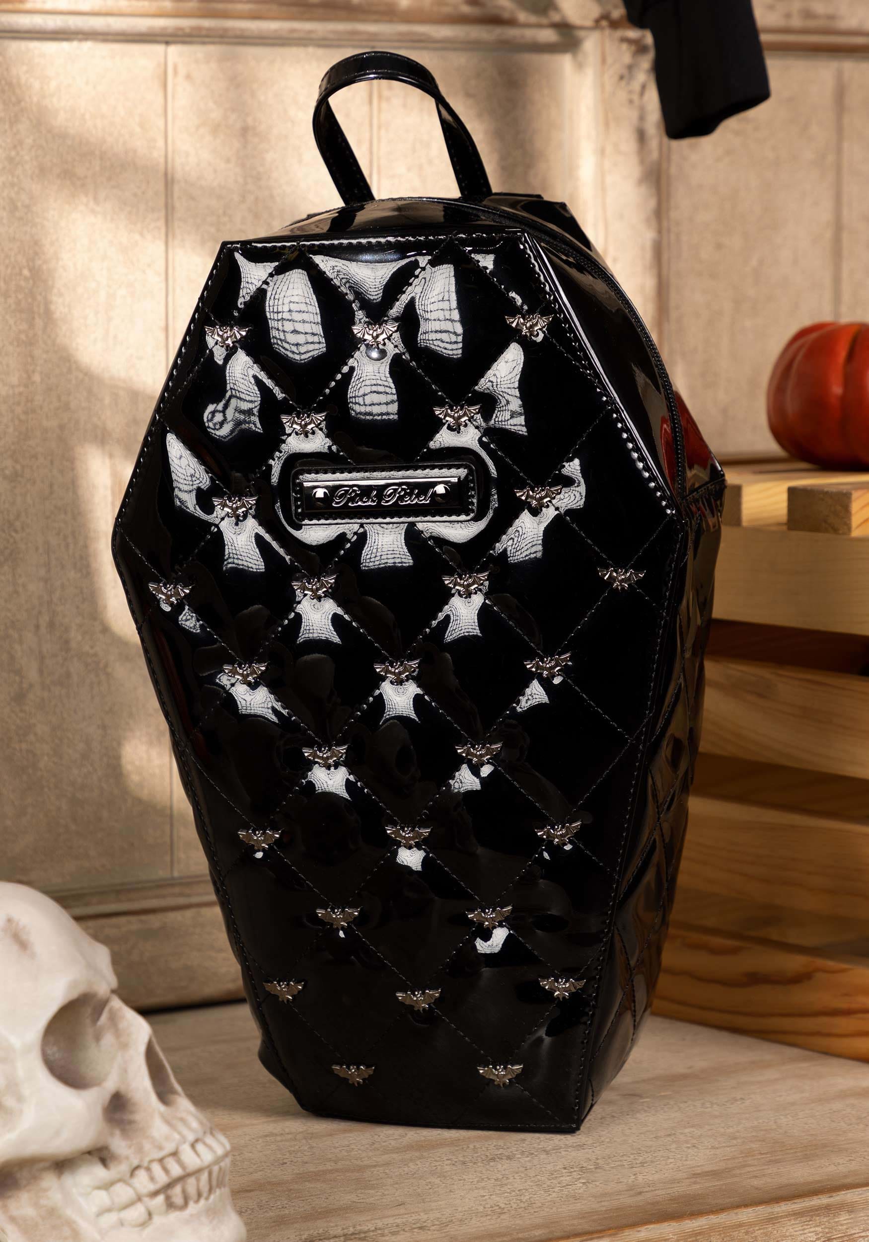 Bat Studded Quilted Faux Patent Coffin Backpack