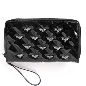 Bat Studded Quilted Faux Patent Wallet