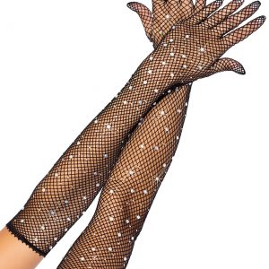 Black Rhinestone Fishnet Opera Gloves