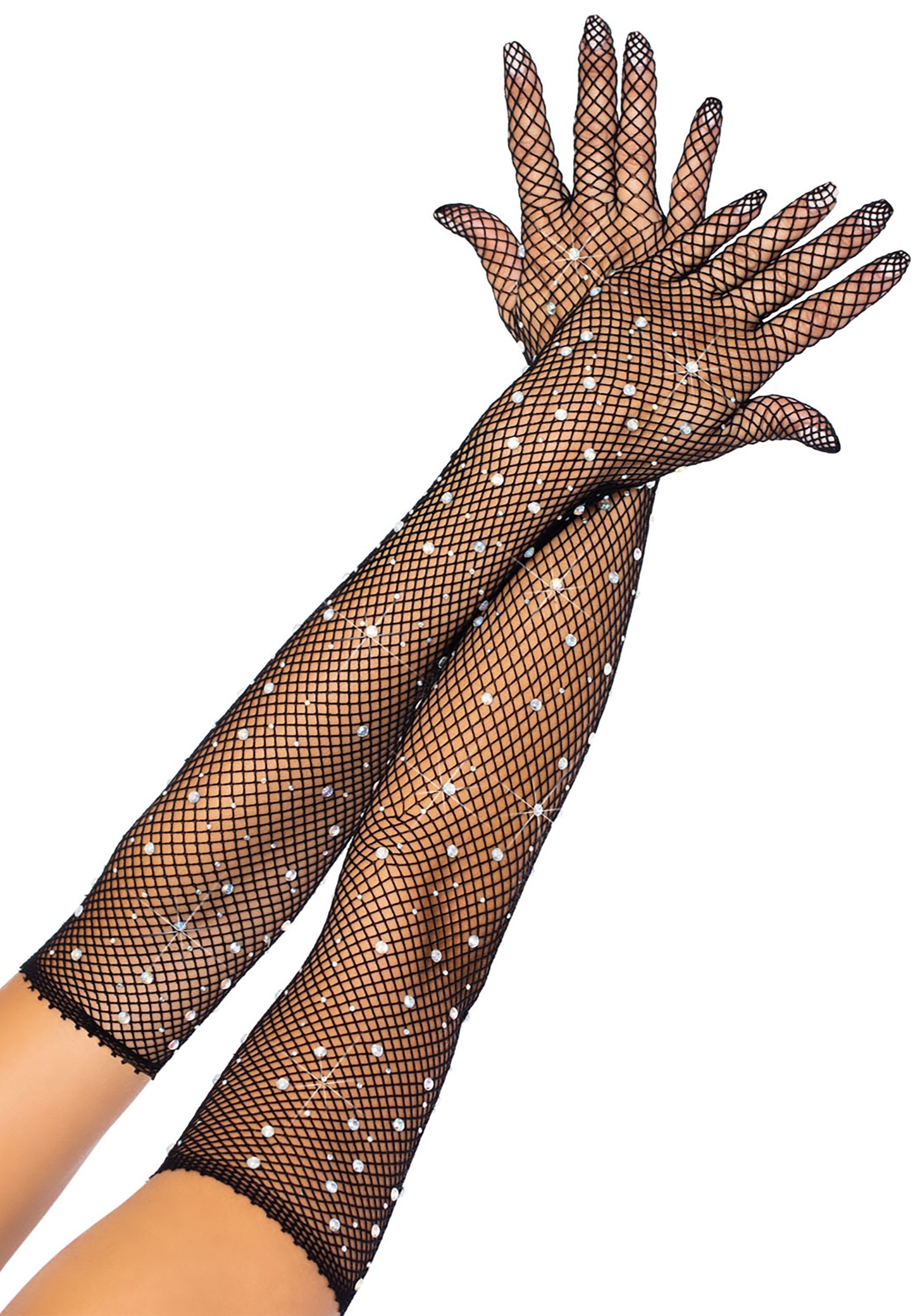 Black Rhinestone Fishnet Opera Gloves