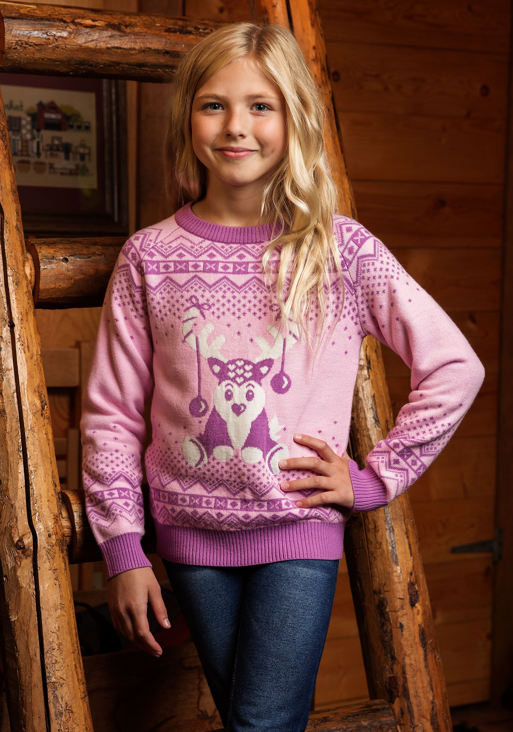 Girls Pink Reindeer Ugly Christmas Sweater
