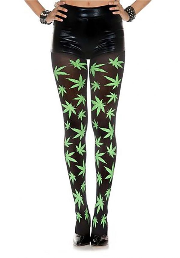Green Leaf Print Opaque Tights