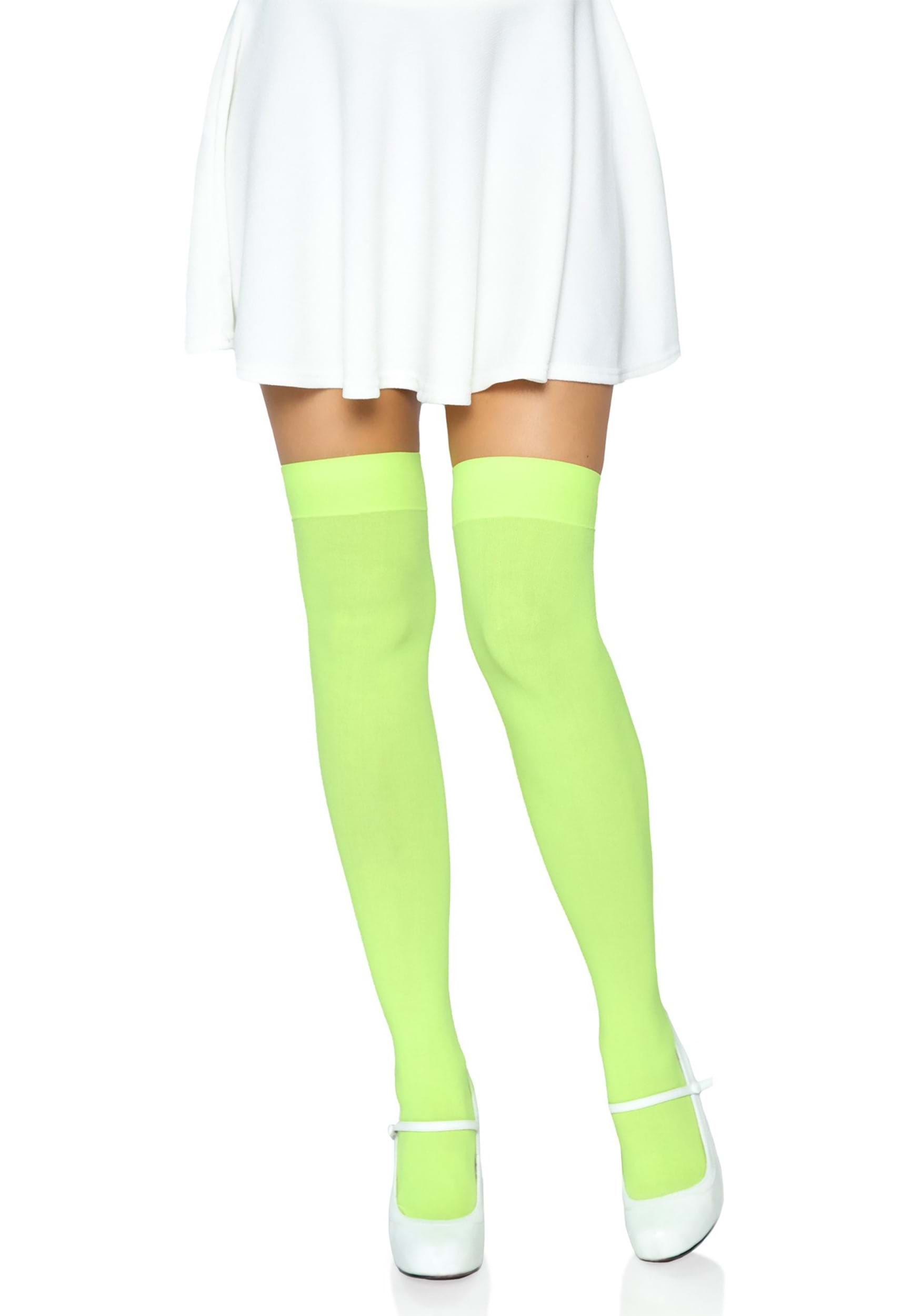 Green Opaque Nylon Thigh High Stockings