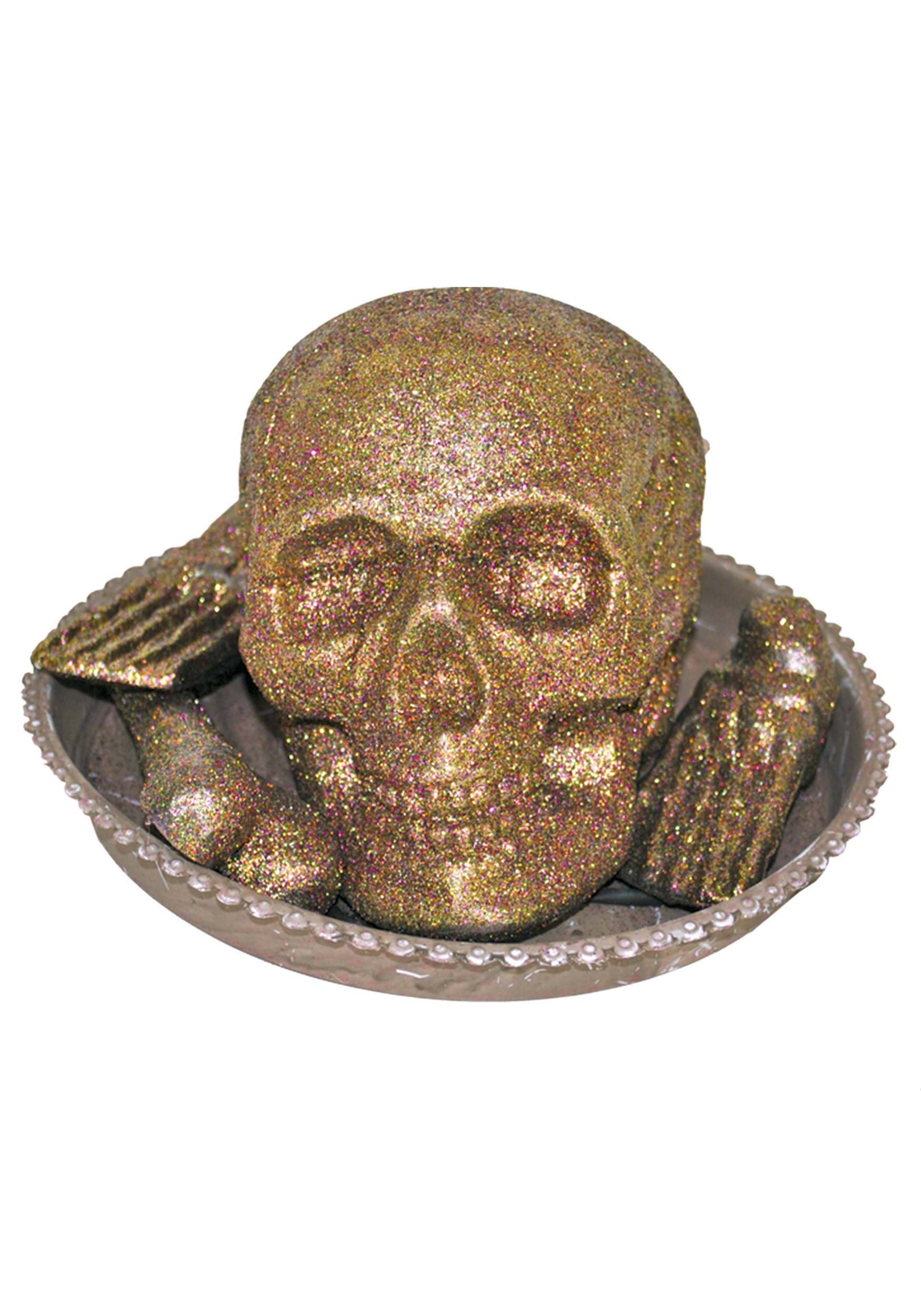 Light Up Gold Glitter Skull and Bones on a Plate Prop