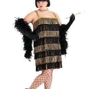Plus Size Fringe Gold Flapper Costume for Women