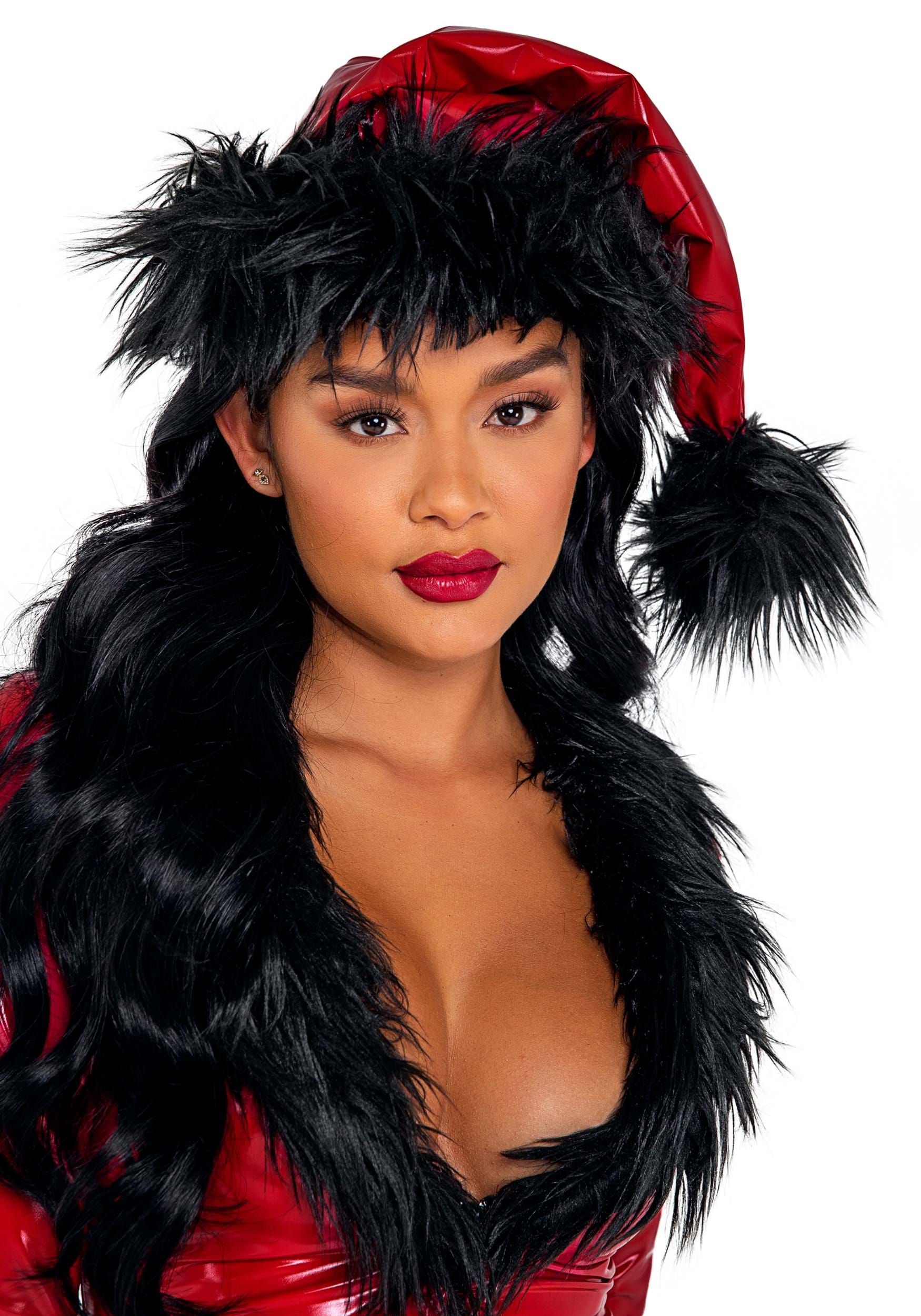 Red Vinyl with Black Faux Fur Christmas Hat