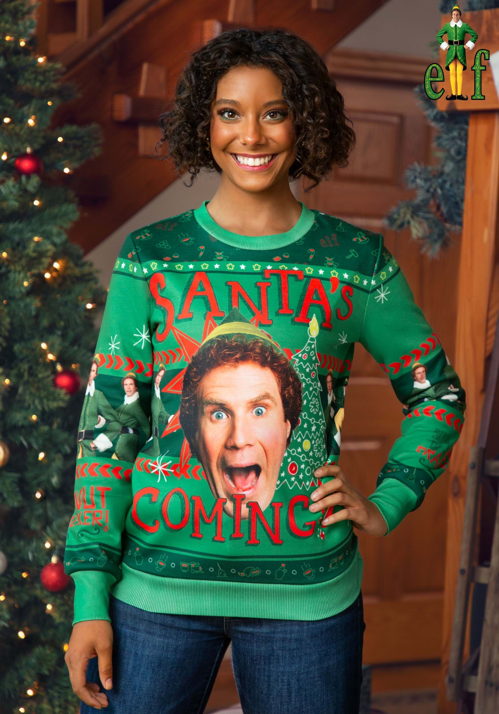 Santa's Coming Elf Ugly Christmas Sweatshirt for Adults