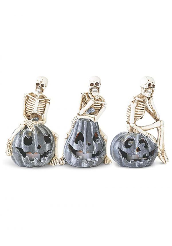 Set of 3 Skeletons Sitting on LED Jack 'O Lantern Decoration