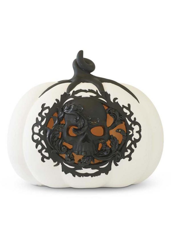 White & Black 7.75" LED Skull Pumpkin Decoration