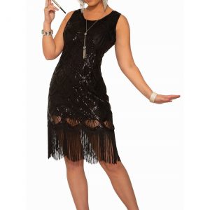 Women's Black Beaded Fringe Flapper Dress Costume