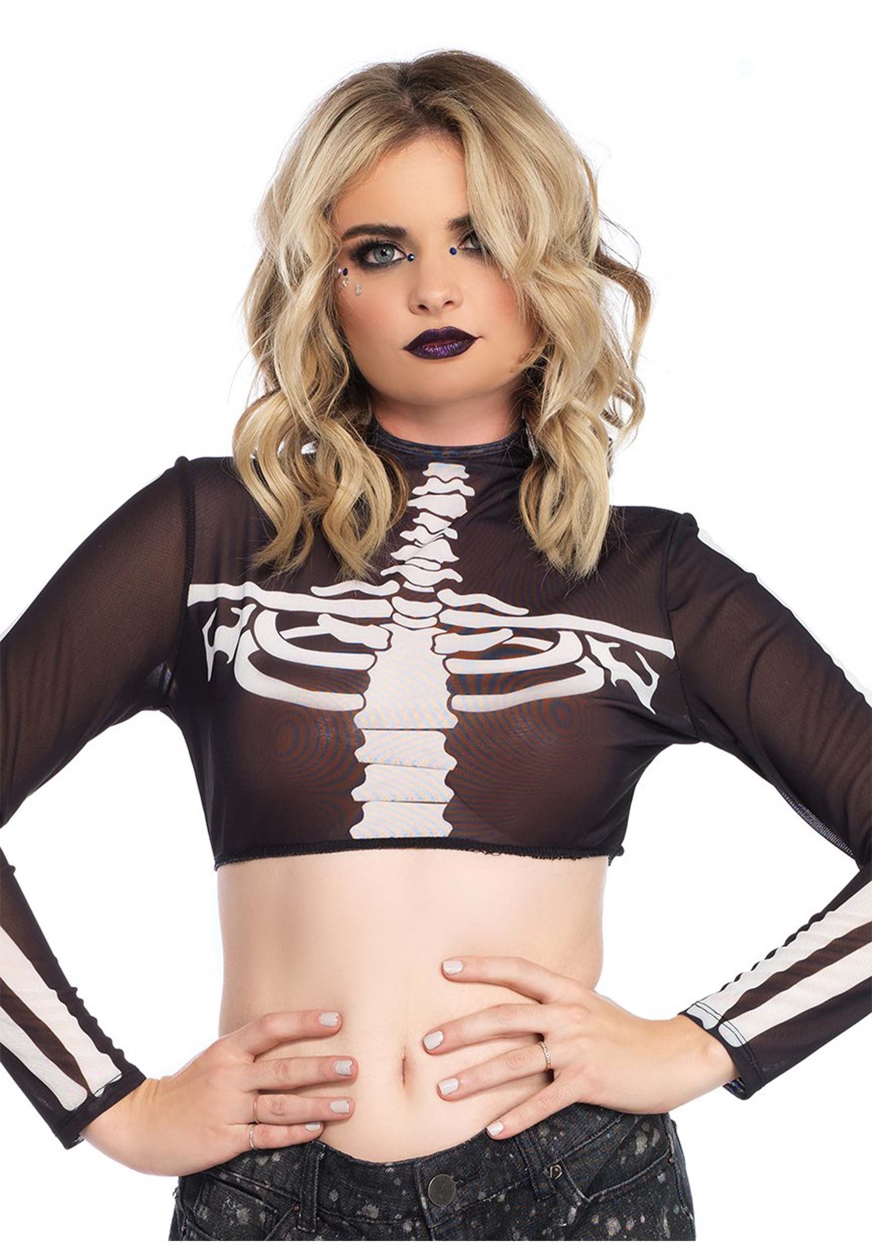 Women’s Black Skeleton High Neck Crop Top Costume