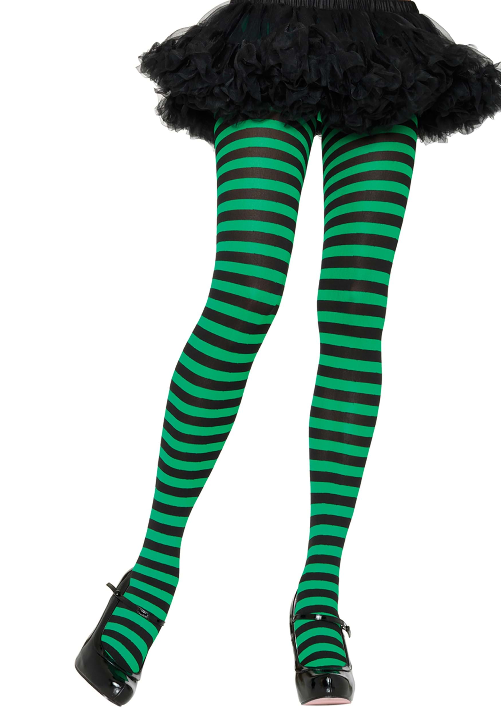 Womens Black and Green Striped Nylon Tights