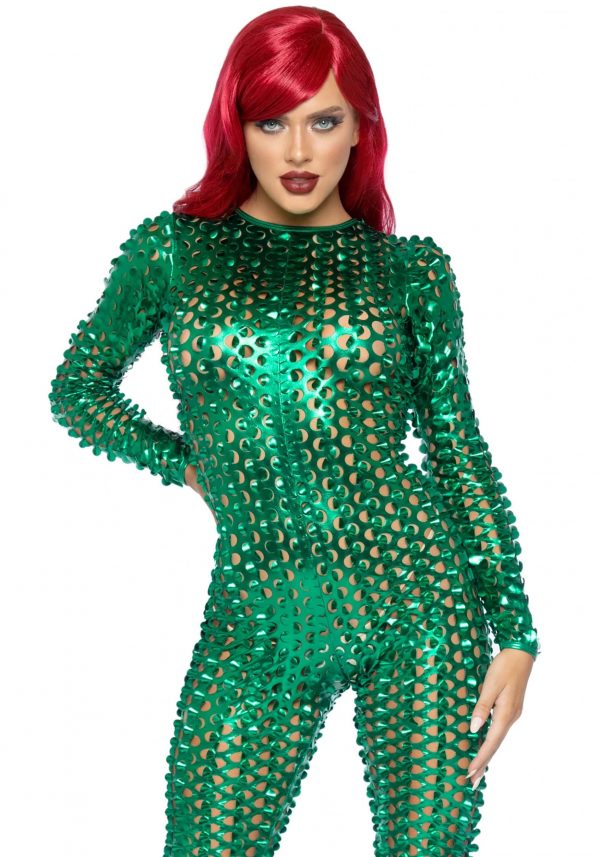 Women's Green Laser Cut Metallic Catsuit Costume