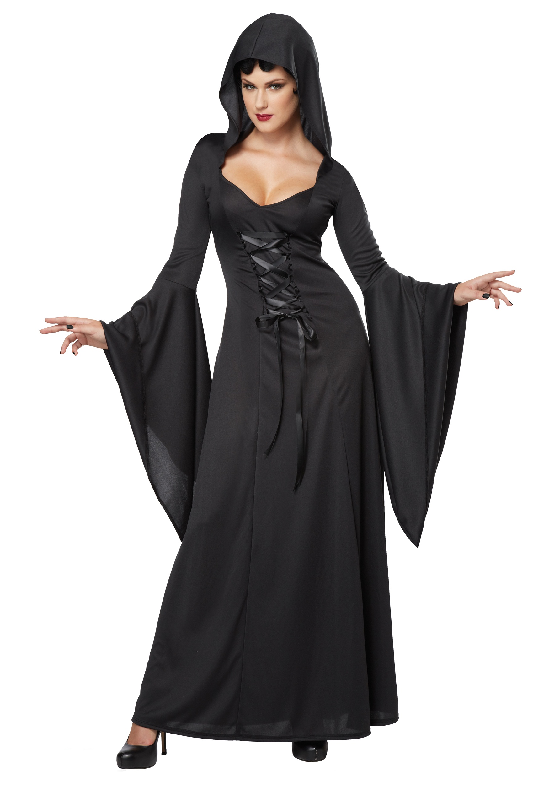 Women’s Hooded Black Lace Up Robe Costume