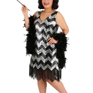 Women's Plus Size Silver and Black Fringe Flapper Dress
