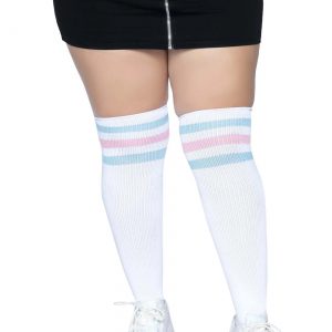 Women's Plus White Athletic Socks with Pink and Blue Stripes
