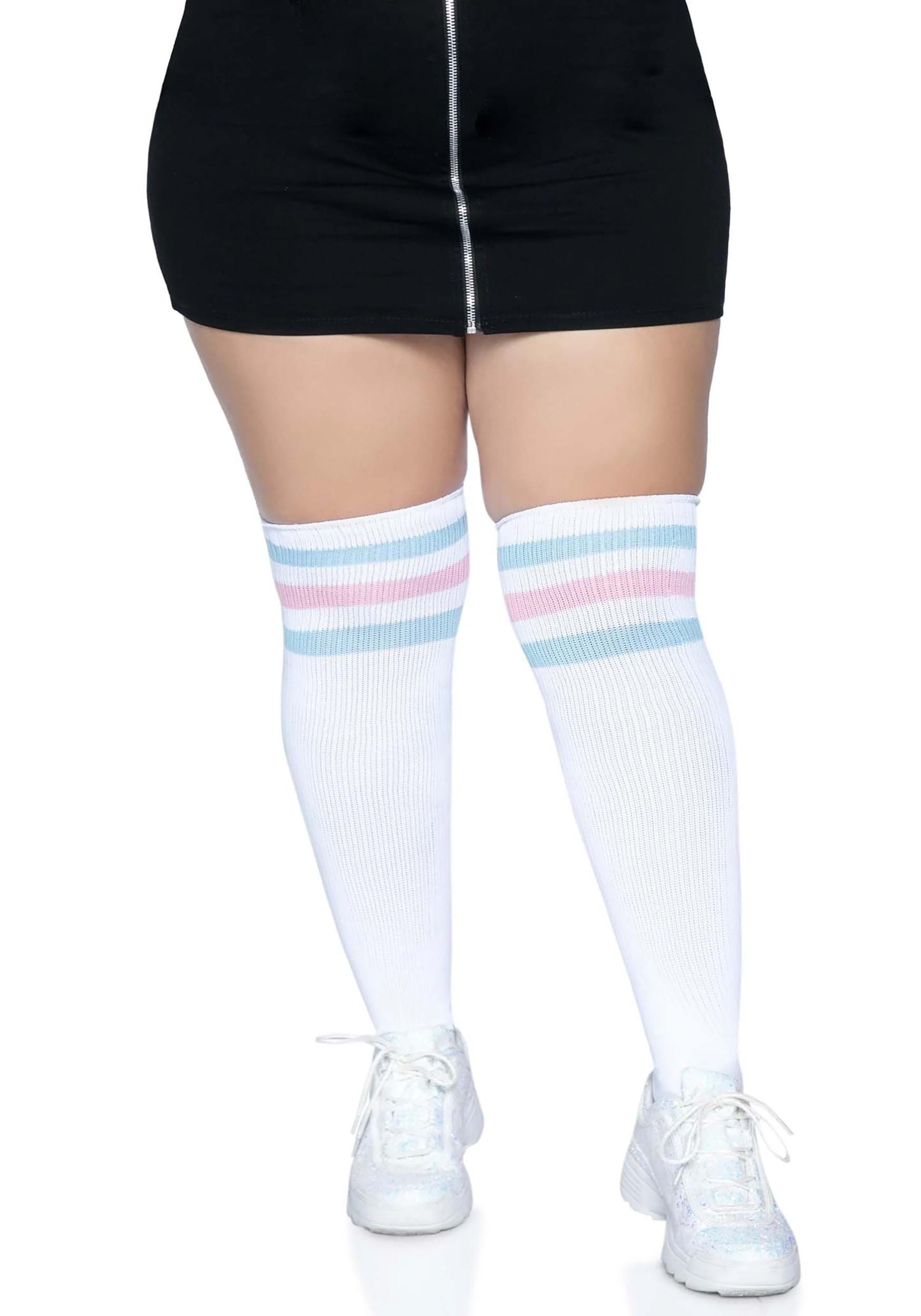 Women’s Plus White Athletic Socks with Pink and Blue Stripes