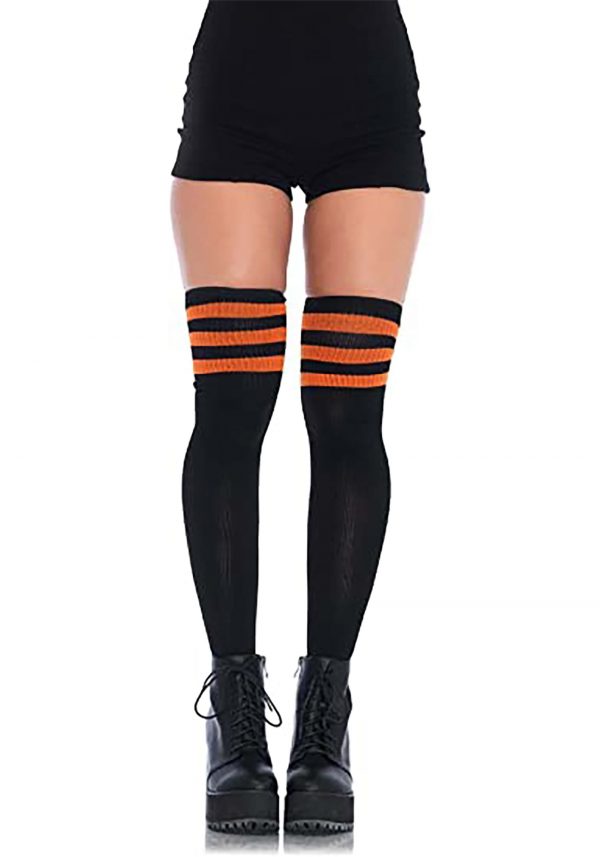 Women's Thigh High Black Athletic Socks w/ Orange Stripes