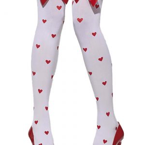 Womens White with Red Bow and Heart Print Thigh Highs